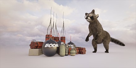 Raccoon wearing goggles watching explosives