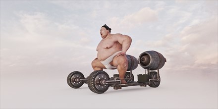 Sumo wrestler riding futuristic skateboard