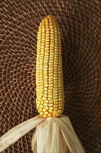 Close up of corn cob on woven placemat