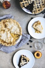 Plates of peach and blueberry pies