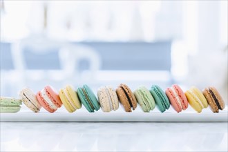 Close up of variety of macaroon cookies