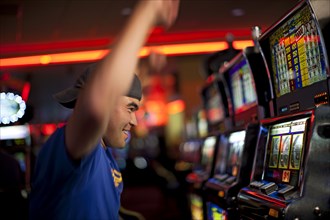 Cheering Native American man playing slot machines in casino
