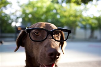 Close up of dog wearing eyeglasses