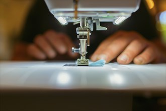 Close up of Caucasian dressmaker using sewing machine