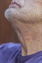 Close up of chin and beard of Caucasian man looking up