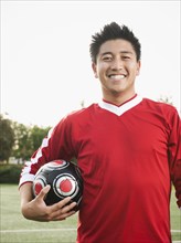 Asian soccer player holding ball on soccer field