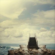 Stairs on rocks next to ocean