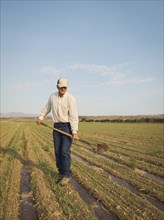 Caucasian farmer planting seeds in crop field