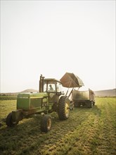Caucasian farmer driving tractor in crop field