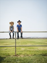 Caucasian children sitting on fence on farm