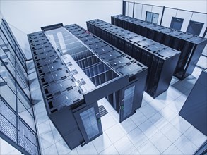 High angle view of technology in server room
