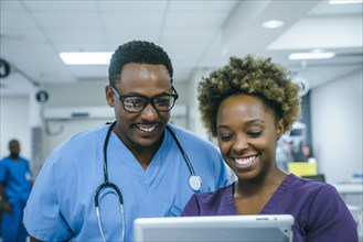 Smiling black nurses using digital tablet
