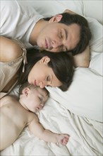Hispanic family sleeping on bed