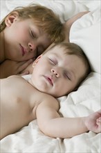 Young Hispanic siblings sleeping on bed