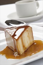 Close up of syrup over slice of dessert