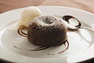 Chocolate cake and ice cream on plate
