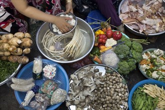 Vietnamese woman sitting with vegetables