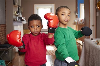 Black boys posing with boxing gloves in living room