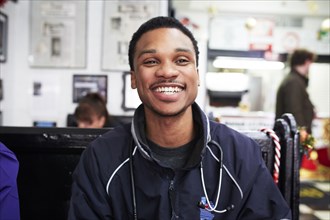 Paramedic smiling in restaurant