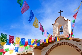 Colorful flags decorating church