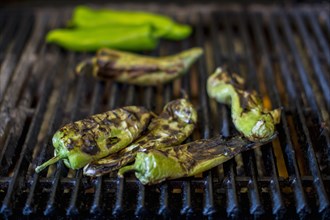 Close up of charred chilies on grill