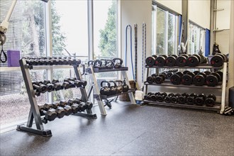Racks of weights in gym