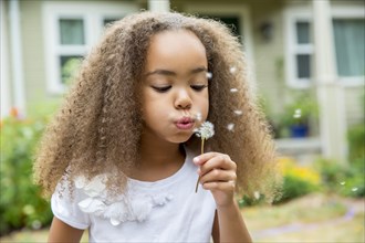 Mixed race girl blowing dandelion seeds