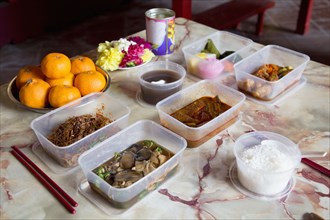 Food offerings in Buddhist temple for Chinese New Year