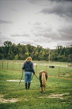 Caucasian woman walking miniature horse on ranch