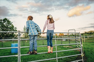 Caucasian children standing on fence on farm