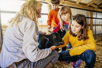 Caucasian children petting goat in barn