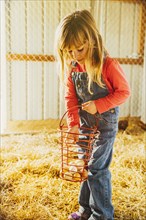 Caucasian girl collecting eggs in barn
