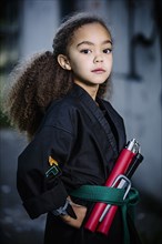 Mixed race girl wearing martial arts uniform with nunchucks