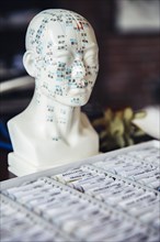 Close up of homeopathic medicine and carved bust with acupuncture diagram
