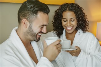 Couple drinking coffee in hotel room
