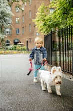 Mixed race boy walking dog on city sidewalk