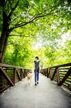 Caucasian woman walking dog on bridge