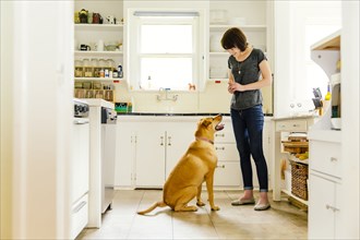 Caucasian woman training dog in kitchen