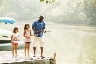 Father and daughters fishing in lake