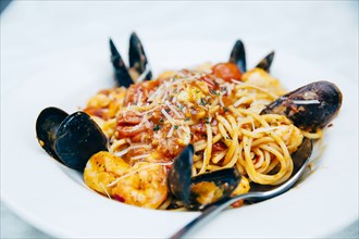 Plate of seafood and pasta