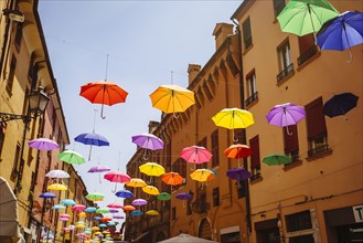 Multicolor umbrellas hanging outdoors