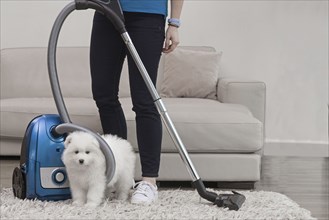 Woman holding vacuum standing with fluffy white dog
