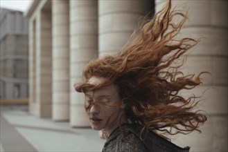 Wind blowing hair of Caucasian woman near pillars