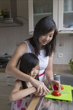 Asian mother and daughter cutting vegetables