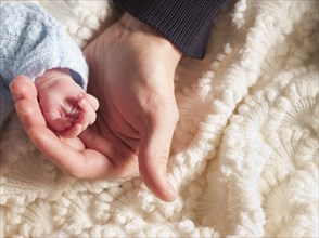 Large hand holding tiny newborn's hand