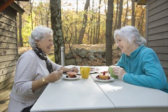 Caucasian women enjoying breakfast outdoors near cabin