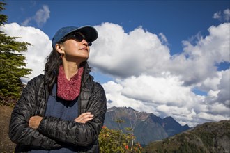 Portrait of Japanese woman near mountain