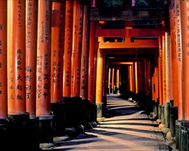 Hallway through traditional shrine at dusk