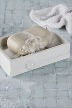 Soapy bar of soap in box
