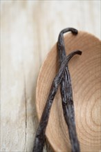 Close up of Mexican vanilla beans on wooden spoon